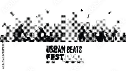 urban music festival with people and city skyline in halftone effect