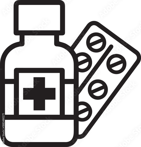 Medical bottle and pills illustration on a white background viewed from the front eps file