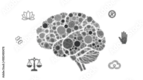 Halftone illustration of a brain with icons representing mental health concepts