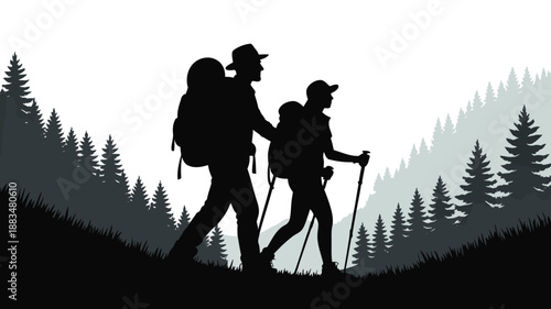 Silhouettes of two backpackers with walking sticks enjoying a challenging uphill trek through a beautiful forest