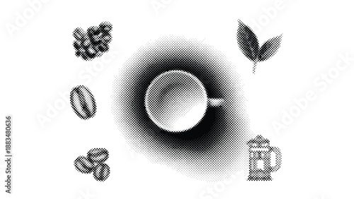 Halftone illustration of coffee cup with coffee beans and leaves on white background