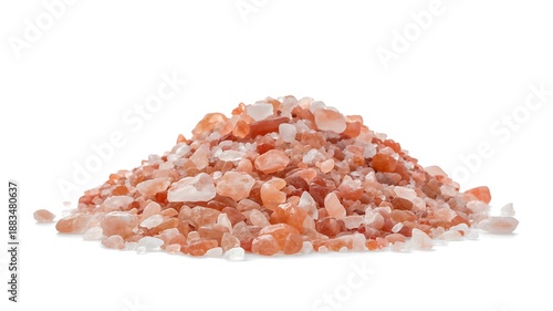 Pink Himalayan salt crystals pile isolated on white background for healthy cooking and natural seasoning concept
