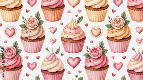 Wallpaper Mural Sweet watercolor cupcakes and hearts pattern for a delightful celebration of love Torontodigital.ca