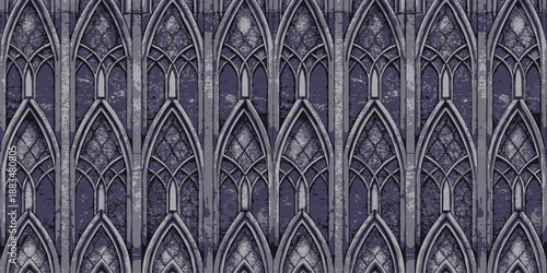 Ornate gothic architectural design featuring intricate archways in muted purple tones.