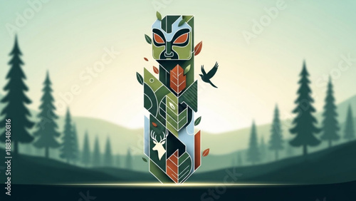 A vibrant illustration of a totem pole in a forest on transparent background