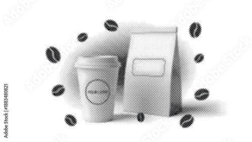 Halftone illustration of coffee cup and box with coffee beans around  realistic vector graphics