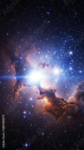 Cosmic space scene featuring vibrant purple and pink nebulas with sparkling stars in a vertical composition