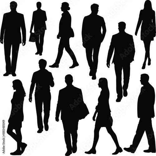 Collection of walking people silhouettes showing men and women in motion for urban lifestyle crowd movement commute and daily activity concept illustration isolated background