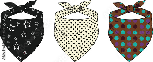 Cartoon bandana set with star, polka dot, and colorful patterns — fabric design illustration for fashion and textile themes