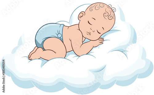 Cartoon baby sleeping on fluffy cloud in diaper — peaceful nursery illustration for sleep, comfort, and childhood dream themes