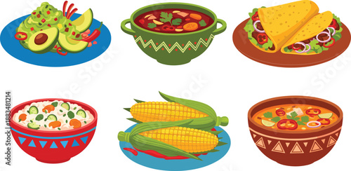 Cartoon Mexican food dishes — guacamole, tacos, soup, rice, and corn illustration for culinary, cultural, and educational themes