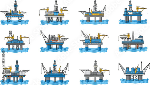 Cartoon offshore oil drilling platforms with varied rig designs — marine energy infrastructure illustration for industrial and engineering themes
