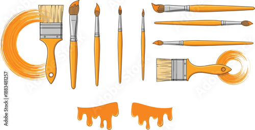 Cartoon paintbrush collection with orange handles and artistic strokes — creative art tool illustration for painting and design themes