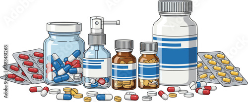 Cartoon pharmaceutical containers with pills, capsules, and blister packs — medical packaging illustration for healthcare and pharmacy themes
