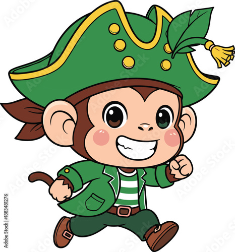 Cartoon pirate monkey in green outfit running joyfully, perfect for kids’ adventure themes, playful branding, and character design