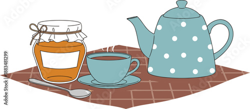 Cartoon tea setup with polka dot teapot, steaming cup, honey jar, and spoon on cozy checkered cloth background.