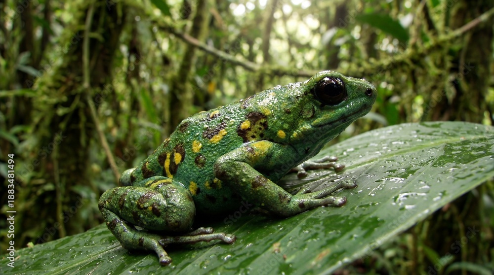 Obraz premium A vibrant green frog with yellow spots sits on a large leaf in a lush rainforest, surrounded by greenery and moisture.