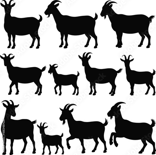 Collection of goat silhouettes in different poses for farm animal design wildlife illustration logo templates and rural agriculture concept isolated on white background vector