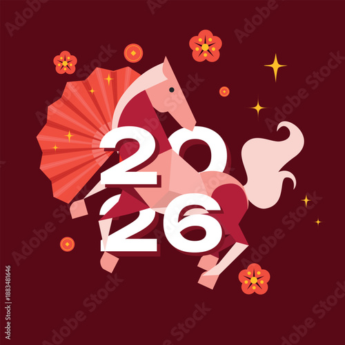 Illustration of a horse and lanterns celebrating the Chinese New Year of the Horse in 2026.