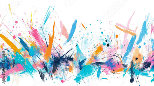 Vibrant Abstract Paint Splatters and Dynamic Brush Strokes on White Background, Energetic Artistic Design Full of Color and Creativity