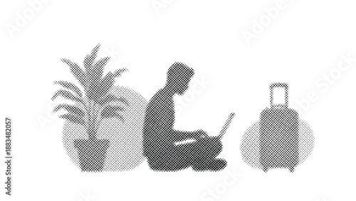 halftone illustration of man sitting with laptop and suitcase and plant