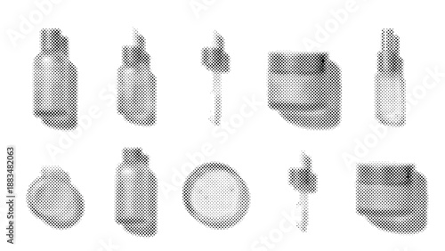 Halftone shapes and objects in various forms and sizes on white background