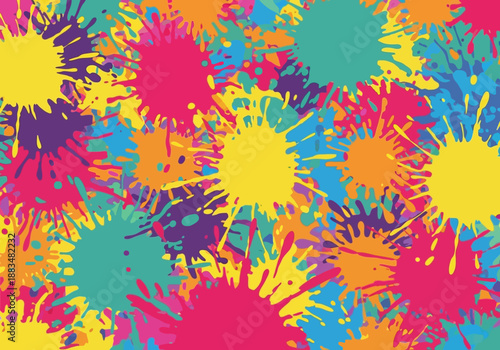 Vibrant splatters of colorful paint in a dynamic abstract pattern