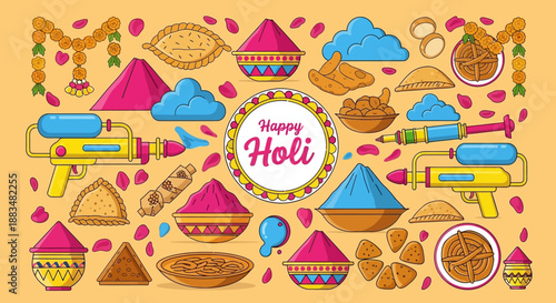 Vibrant Holi Celebration with Colorful Powders and Water Guns