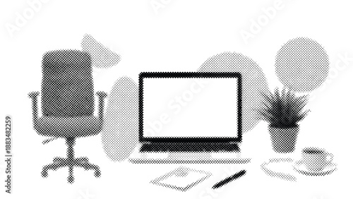 Halftone illustration of home office workspace with laptop chair plant and coffee cup on white