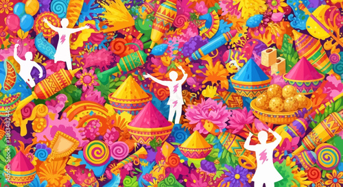 Vibrant festival dancers surrounded by colorful party hats and decorations in a lively celebration atmosphere viewed from above