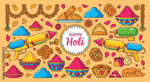 Vibrant Holi celebration with colorful powders and water guns in a joyful festive atmosphere