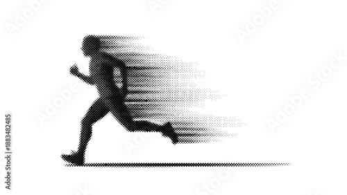 halftone illustration of a person running fast with motion blur effect