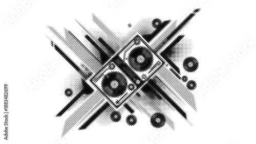 stylized illustration of a pair of speakers with abstract lines and circles around it