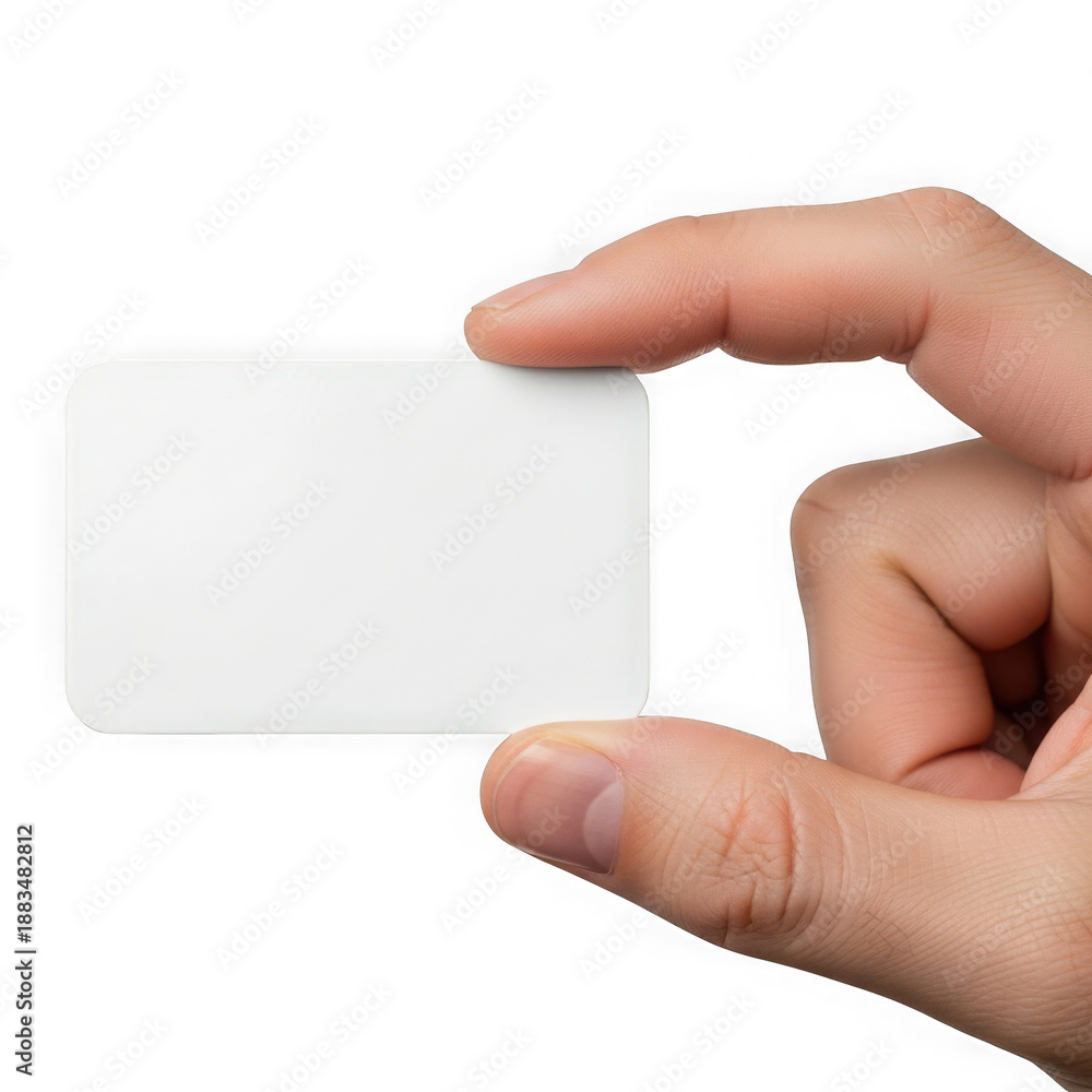 Obraz premium Hand holding a blank white rectangular card on black background
