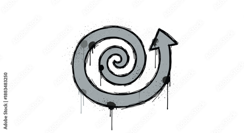 Obraz premium A stylized spiral arrow with a graffiti effect, featuring paint drips and splatters, indicating upward and forward motion.