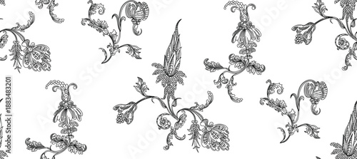 
Pattern of flowers and leaves
 with elements of Gothic ornament on a transparent background in vintage style