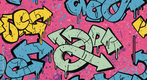 Vibrant seamless graffiti pattern with dynamic arrows, drips, and paint splatters on a pink background.