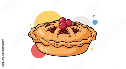 A charming cartoon cherry pie with a golden lattice crust, adorned with three bright red cherries and whimsical abstract shapes.