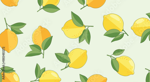 A cheerful and refreshing seamless pattern featuring vibrant yellow lemons with green leaves, illustrated in a clean, flat design style on a light background.