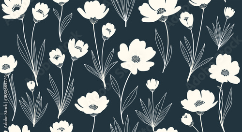 Beautiful seamless pattern featuring charming hand-drawn white flowers and delicate outlined leaves on a deep navy blue background, perfect for textiles.