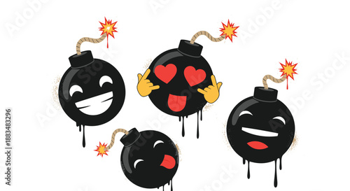 A whimsical collection of four cartoon bomb characters with expressive emoji faces and a dripping paint effect.