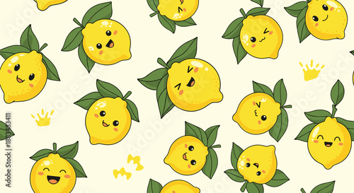 Cute and happy cartoon lemons with green leaves create a cheerful, seamless pattern on a light yellow background, perfect for a joyful design.