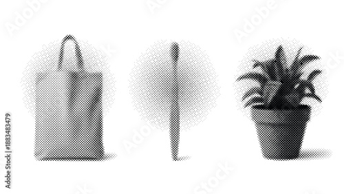 halftone illustrations of tote bag and potted plant on white background