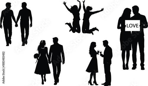 Couples and Relationships Silhouette Vector Set, People in Love, Gays Holding Hands, Women Jumping, Wedding Couple, and Dating with Drinks, Black and White Graphic.