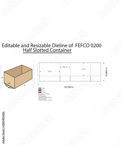 Editable and Resizable Dieline of F E F C O 0200 Half Slotted Container Diagram