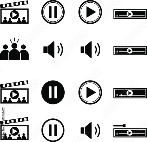 Media player control icons set with play pause volume and video symbols, clean vector illustration for UI design, app interface, multimedia controls, and web usability