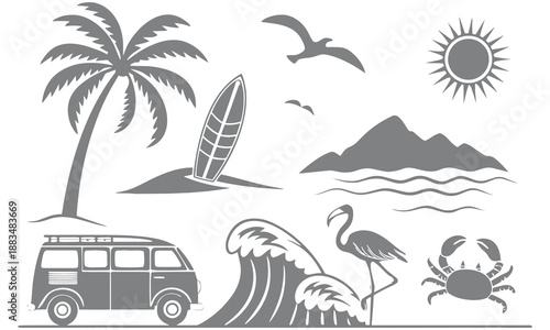Tropical Beach Icons Vector Set – Surf, Palm Trees, Van, Waves & Summer Symbol Design .