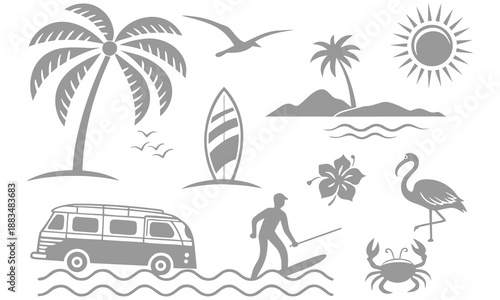 Tropical Beach Icons Vector Set – Surf, Palm Trees, Van, Waves & Summer Symbol Design .