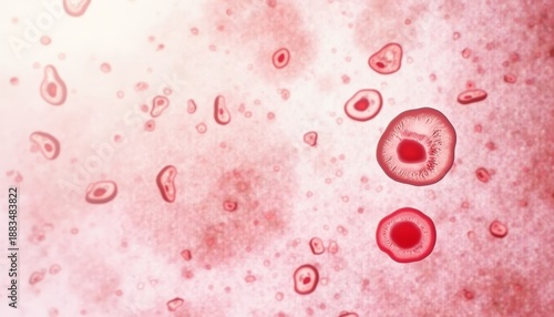 Blood cells under microscope on abstract red background  