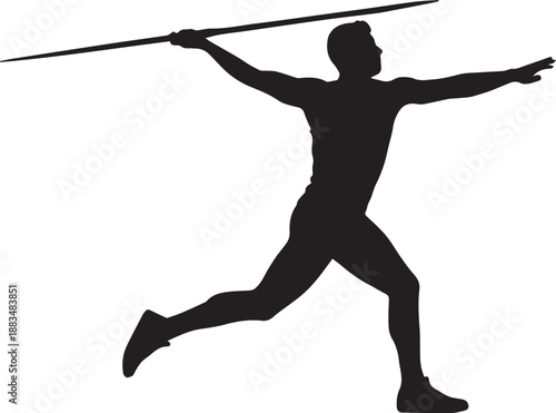 Athlete in mid-javelin throw action, silhouette, dynamic pose, sports event, athletics
